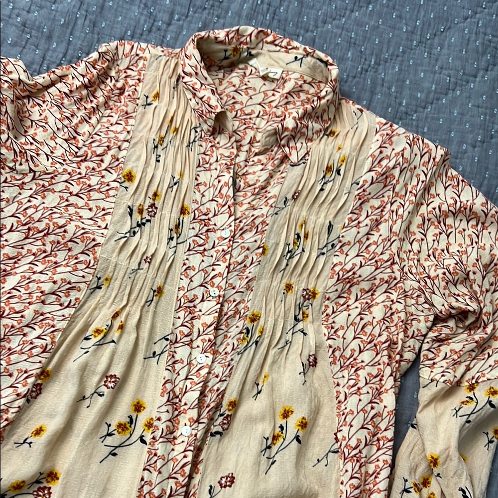 Jane & Delancey Cream Orange Red Yellow Floral Patchwork Boho Fall Shirt XL